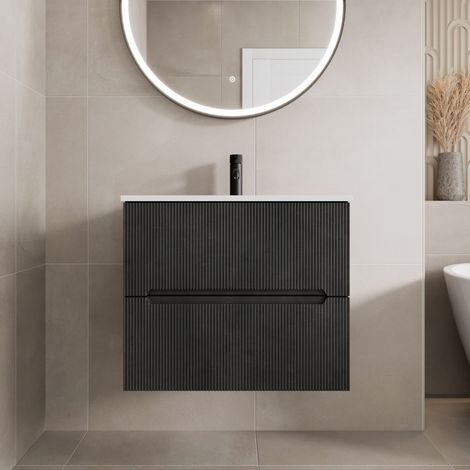 600mm Bathroom Cloakroom Vanity Unit Basin Sink Wall Hung Fluted Black Unit (1/5)