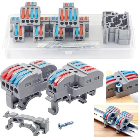 Connecteurs rapides à levier pour câbles 14 AWG 2,5 mm², lot de 6 connecteurs de dérivation 2 vers 4 - Montage sur rail et par vis (1/5)