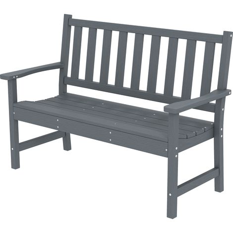 Banc de jardin 2 places, banc d'extérieur en plastique résistant aux intempéries avec structure à lattes, dossier imitation bois, gris