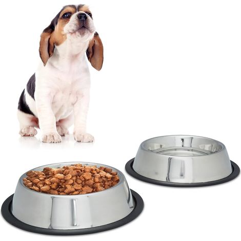 Relaxdays Set 2x Gamelles Chiens Ecuelles Eau Bol Croquette & Pâtée Antidérapant Inox Antirouille Taille M Argenté (1/5)