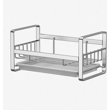 Porte-éponge d'évier de cuisine, support de rangement, porte-éponge d'évier auto-adhésif en acier inoxydable avec plateau (1/4)