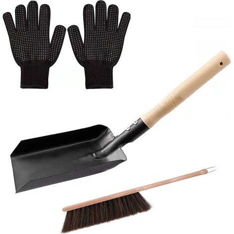 Set de Pelle à Cendres et Brosse de Cheminée - Pelle à Charbon Métal Renforcée et Brosse de Poêle avec Gants en Silicone, Accessoires de Ramoneur pour Nettoyage de Poêle à Bois et Conduit (1/5)
