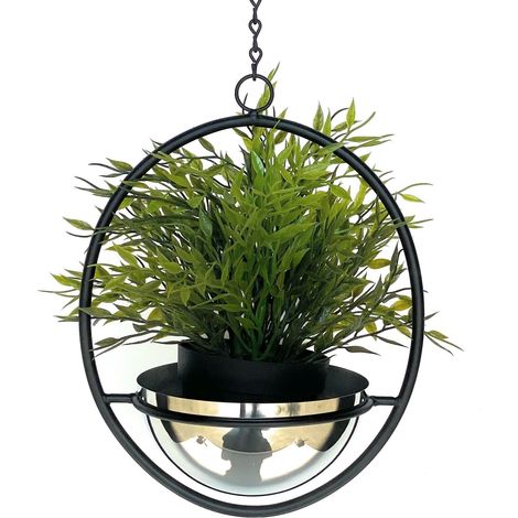 Dandibo – Pot de fleurs suspendu en métal noir 43 cm – Pendentif décoratif avec pot argent poli – Pour intérieur et extérieur – Résistant aux intempéries (1/5)