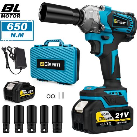 Gisam – Clé à chocs sans fil 650Nm – Moteur Brushless – 4 modes – 1 batterie 4.0Ah – Pour entretien automobile et chantiers