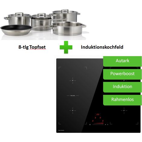 Set Einbau Induktions Kochfeld 60 cm 2 Doppel-Flexzonen Autark Booster Sensor Touch mit Topfset