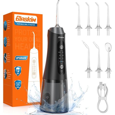 Jet Dentaire Hydropulseur et Irrigateurs Oral Water Flossor Noir Portable avec 4 Modes de Nettoyage, Réservoir 320ML Grande Capacité, IPX7 Etanche, Portable pour Maison (1/5)