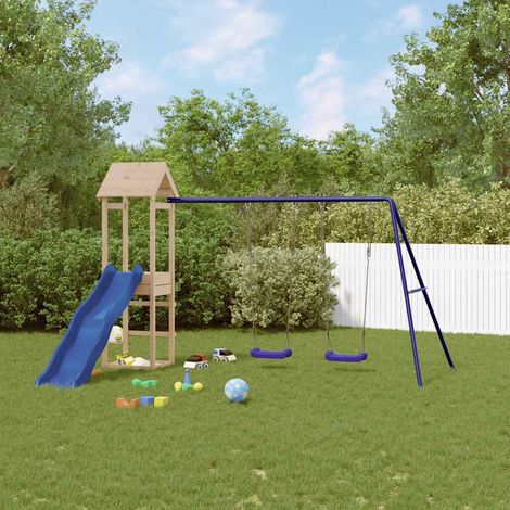Aire de Jeux Maisonnette de jeu avec toboggan balançoires  Maison enfant exterieur bois massif de pin 24970 (1/5)