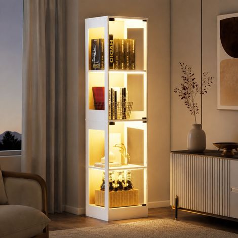 Vetrina in vetro 40x35x165 cm bianca, 4 ripiani, LED tricolore e sensore, MDF e vetro MEUBLIV (1/5)