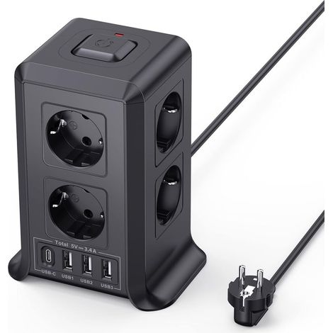 Multiprise avec Interrupteur, Tour Multiprise 8 Prises et 4 USB(3 USB-A&1 USB-C Max 5V/3.4A,Parafoudre et Surtension, 2M Câble à la Maison et au Bureau (1/5)