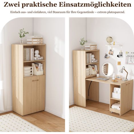 Bureau extensible avec meuble de rangement, table pliante gain de place avec étagères réglables et plateau coulissant, chêne clair naturel, pour chambre et bureau (Bureau de travail) (1/5)