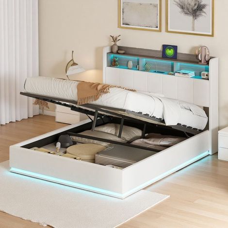 Doppelbett 140x200 cm, Bett mit LED und Stauraum, Bettgestell 140x200 cm, Bett für 2 Personen, Samtstoff, Weiß (1/5)