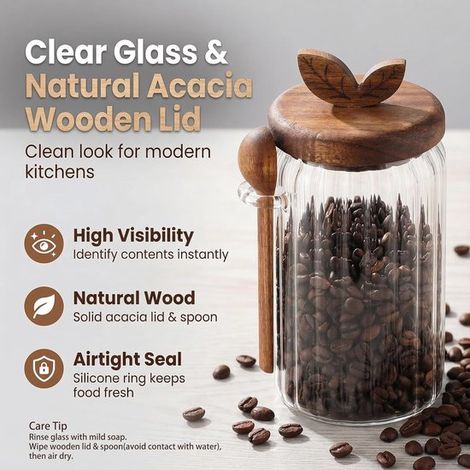 Tarro de cristal con tapa de madera y cuchara,té y aperitivos (500 ml / 17 onzas líquidas) (1/4)