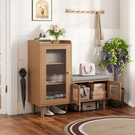 JOOKGBD-Mobile per scarpe da ingresso con panca imbottita,3 ante,ripiani regolabili,cassetti portaoggetti,maniglie in metallo,per corridoio,ingresso,soggiorno,marrone chiaro (1/5)