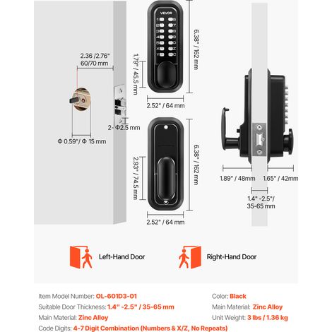 VEVOR Mechanical Keyless Entry Door Lock, 2.0 Code Upgrade, 4-7 Digits Code, Single-Sided Push Button Combination Mechanical Keypad Door Knob, Auto Locking, for Garden Gates, Indoor or Outdoor, Black (1/4)