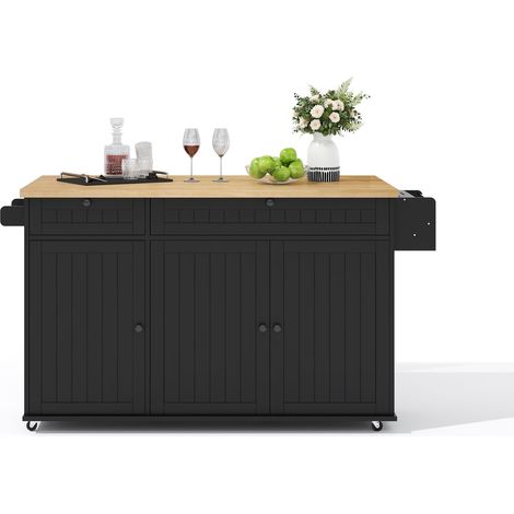 ELVMI Carro de Cocina con 2 Cajones, Armario, Encimera Plegable y 6 Ruedas con Freno, para Cocina, MDF, Natural Negro (1/5)
