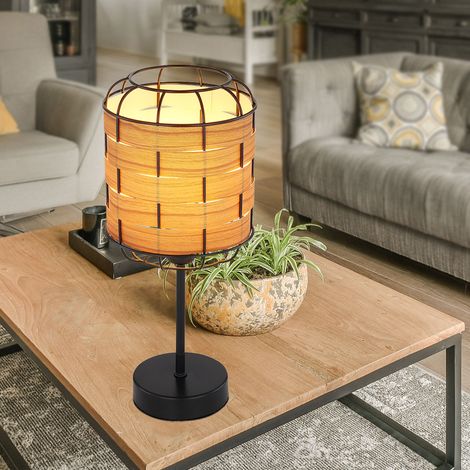 Tischleuchte Holzoptik Boho Nachttischlampe Tischlampe Schlafzimmer, Gitteroptik, Metall schwarz braun, 1x E27 Fassung, DxH 15x35 cm