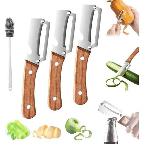 Zero Snag Wooden Peeler, Stainless Steel Zero Snag Wooden Kitchen Tool, 2-in-1 Multifunctional Vegetable Peeler with Bottle Opener for Fruit, Apple, Potato, Pumpkin, Papaya, Carrot (3pcs)