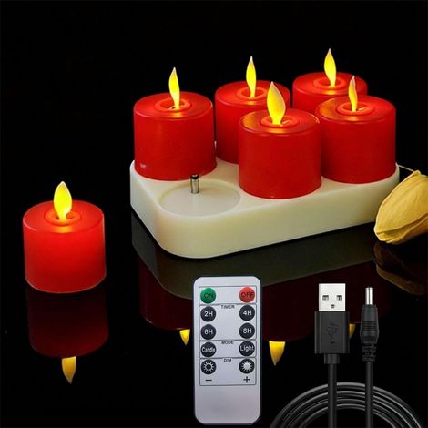 Lot de 6 Bougies LED Rechargeables Sans Flamme, Effet Flamme Vacillante et Télécommande, Décoration de Salon, Chambre et Fête(Rouge) (1/5)