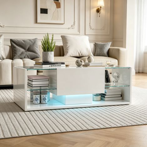 Table basse haute brillance, Table Basse Flottante avec LED RGB Connectée, Tiroir et Étagères, Blanc