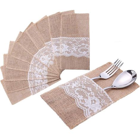 Poches à couverts en toile de jute naturelle, dentelle et jute : poches pour ustensiles de Noël, sacs pour couteaux et fourchettes, porte-couverts en toile de jute, décorations de mariage, fête de Noë (1/5)