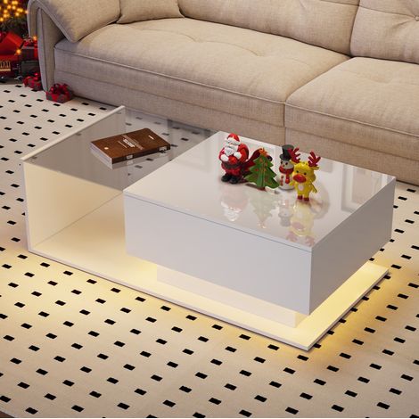 Mesa baja blanca efecto brillante 100 x 50 x 32 cm con tablero de vidrio, cajón y LED HAVRYA (1/5)