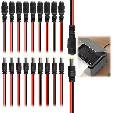 10 Paires de fiches DC (12 V, 5,5 x 2,1 mm) avec câbles pigtail — Adaptateurs fiches et prises cylindriques DC 18 AWG — Connecteurs pour caméras de vidéosurveillance, rubans LED et enregistreurs DVR (1/5)