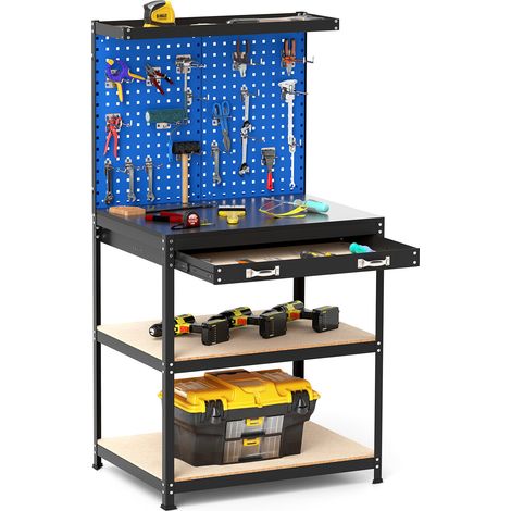 32 x 16 Inch Workbench Work Table with 2 PCs Pegboard Drawer and Shelves-Navy (1/5)