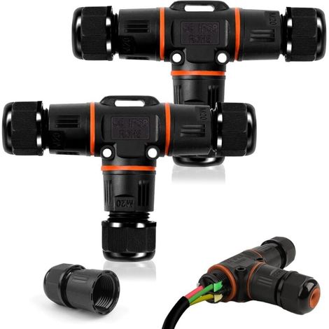 2 Pièces Boîte de Jonction IP68 Connecteur Étanche Forme de T Connecteur Électrique Étanches Boîte de Dérivation Extérieur Connecteur Câbles 3 Voies Ø 3-12 mm (1/4)