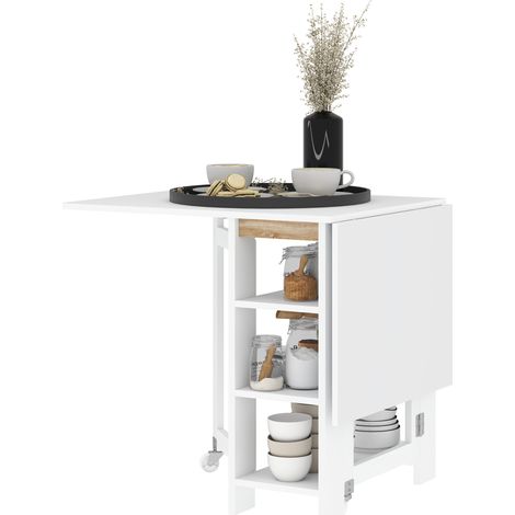 Table de cuisine table de salle à manger pliable amovible 3 étagères 2 abattants design moderne 120 x 60 x 75 cm blanc