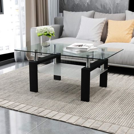 Rectangular coffee table in clear glass with 2 levels, lower storage shelf and metal tube legs for living room, reception room (1/5)