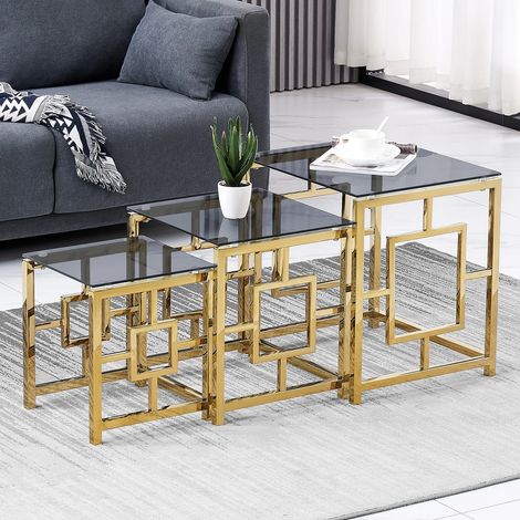 AINPECCA Nest of 3 Tables Coffee Table 3 Set Unit Clear Tempered Glass Table Top Side End coffee table(Blue-gray glass+gold legs) (1/5)