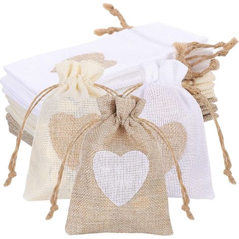 Set mit 12 Jute-Geschenktüten, 10 x 14 cm, mit Kordelzug, 3 Farben, wiederverwendbar, aus Baumwolle.