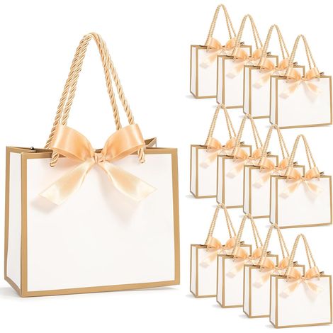 Lot de 12 petits sacs cadeaux avec nœuds en ruban, 14 x 6 x 12 cm/5,51× 2,36× 4,72 pouces, mini sacs à dragées blancs avec poignées pour anniversaires, fête de mariage, fête prénuptiale, baby shower (1/5)