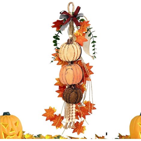 Décoration de porte en bois avec guirlande de citrouilles et lumières LED chaudes, style ferme (1/5)