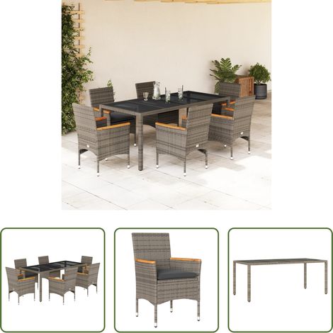 vidaXL Gartenstuhl -  7-tlg. Garten-Essgruppe mit Kissen Grau Poly Rattan und Glas (1/5)