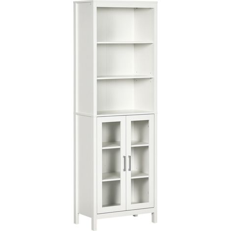 Colonne de salle de bain avec 2 portes vitrées et 3 étagères, meuble d'appoint de style moderne, 53 x 30 x 162 cm, blanc (1/5)