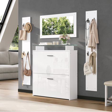MEUBLIV Recibidor de 4 piezas blanco – espejo, 8 ganchos, mueble zapatero brillante (1/5)