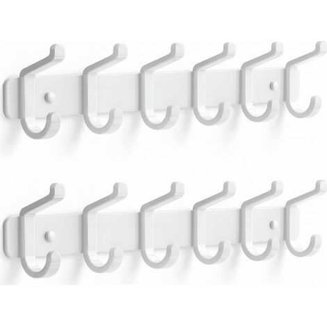 2 Pack 6 Hooks Metal Wall Coat Hooks, Wall Mounted Coat Rack for Jackets, Bags, Hats and Scarves, Wall Hook for Bedroom, Wardrobe, Bathroom and Kitchen (White) (1/5)