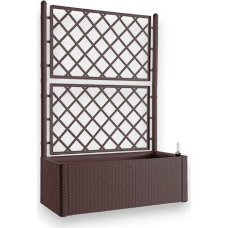 Fioriera in resina da giardino con pannello grigliato e vaso effetto rattan con riserva d'acqua e indicatore di livello Natural Deluxe - Brown (1/4)