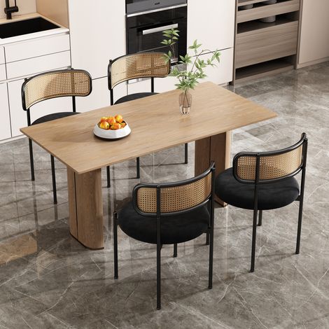 Lot de 4 chaises de salle à manger en velours, dossier en rotin tressé, assise ronde rembourrée, pieds métal, style moderne, Noir (1/5)