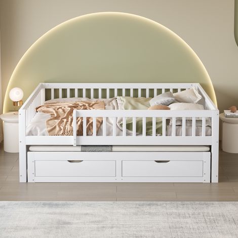 Canapé-lit en bois massif 140 x 200 cm, barrière de sécurité intégrale, lit gigogne avec 2 tiroirs de rangement, sommier à lattes, convient aux enfants, adolescents, invités et adultes, blanc (1/5)