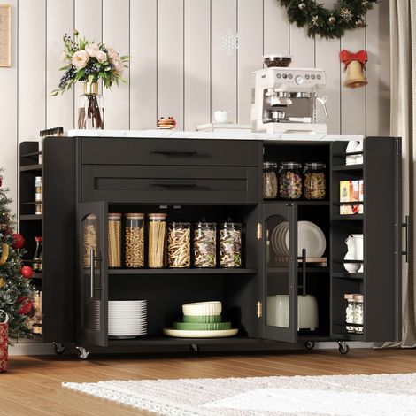 Îlot de cuisine mobile avec plan de travail rabattable, chariot de cuisine, 5 roues, multiples solutions de rangement, range-épices, tiroir à couverts, 120 x 45 (70) x 90 cm (1/5)