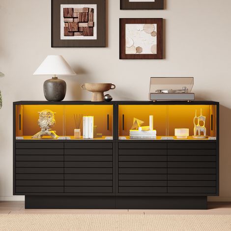 Buffet 130x35x68 cm, meuble de salon avec éclairage LED, 2 armoires, 4 compartiments, porte vitrée, meuble haut moderne pour salle à manger et couloir - Noir (1/5)