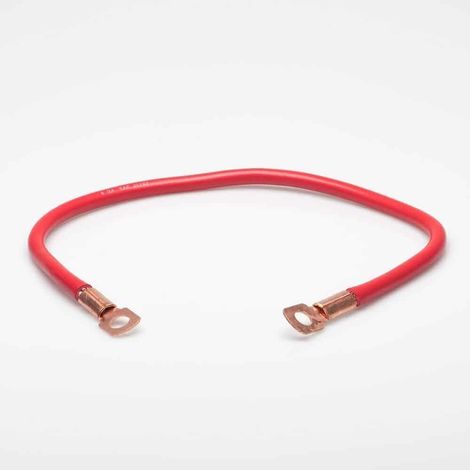 Cavo batteria rosso a 6 conduttori con guaina in policloruro di vinile. Lunghezza: 305 mm con occhielli ø: 10 mm.
