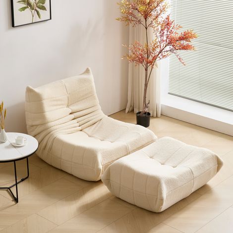 Sillón puff individual beige en felpa teddy con espuma de alta densidad y diseño ergonómico (1/5)