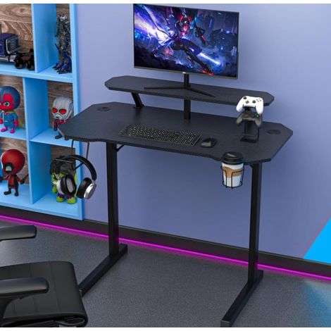 Bureau Gaming Professionnel avec Surface Carbone - 100x55x75cm Design Ergonomique Rangement Intégré (Porte-Casque, Support Console, Porte-Gobelet) pour Télétravail & Espace Jeu Compétitif (1/5)