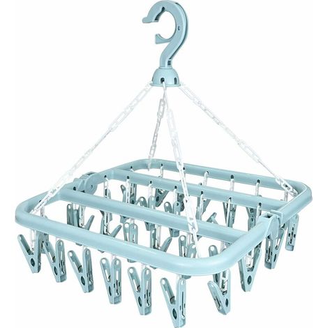 Etendoir Chaussette, Étendoir à Linge à Suspendre avec 32 Pinces en à l’épreuve du Vent, Séchoir Chaussettes Pliable Lingerie pour Chaussettes,sous-vêtements,Vêtements de Bébé,Serviettes(Bleu) (1/5)