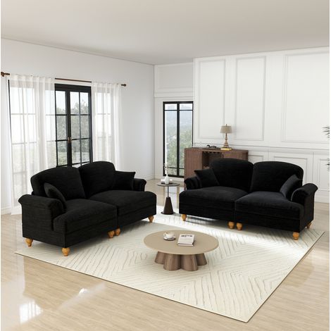 Divano angolare 2 posti in 180/200 cm in chenille nero con gonna removibile e cuscino mobile (1/5)