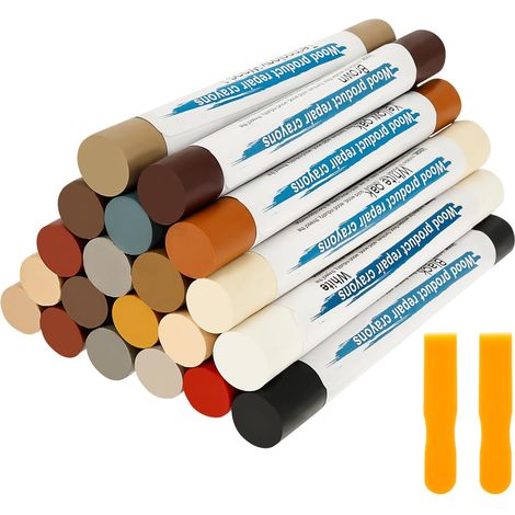 20 Couleurs Crayons de Cire Réparation Meubles, Kit Réparation Bois avec 2 Grattoirs, Bâtons de Cire Dure pour Rayures, Trous, Taches, Parquet, Stratifié, PVC, Carrelage, Meubles (1/5)