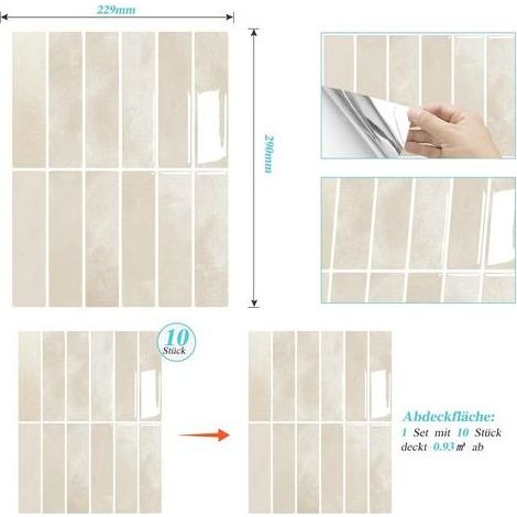 10 Pièces (K-beige-22.9x29CM) Credence Adhesive pour Cuisine Bain, 3D Dalle PVC Adhesive Murale, Sticker Carrelage Autocollant Mural, Carrelage Adhesif Mural pour Cuisine Salle de Bain (1/5)